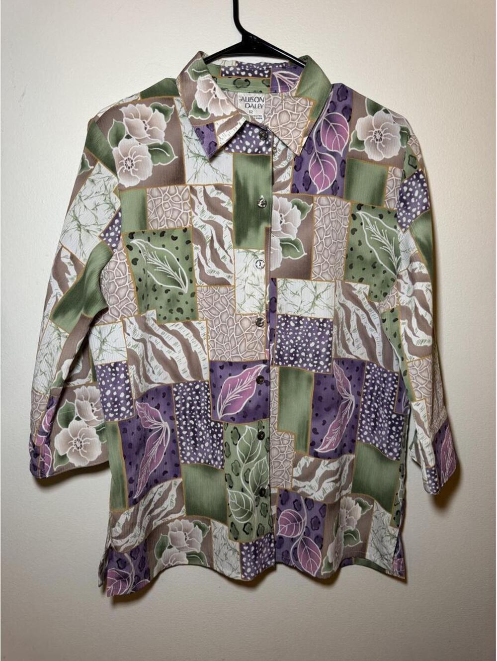 Allison Daley 3/4 sleeve button up blouse with patchwork o floral and leaf motif